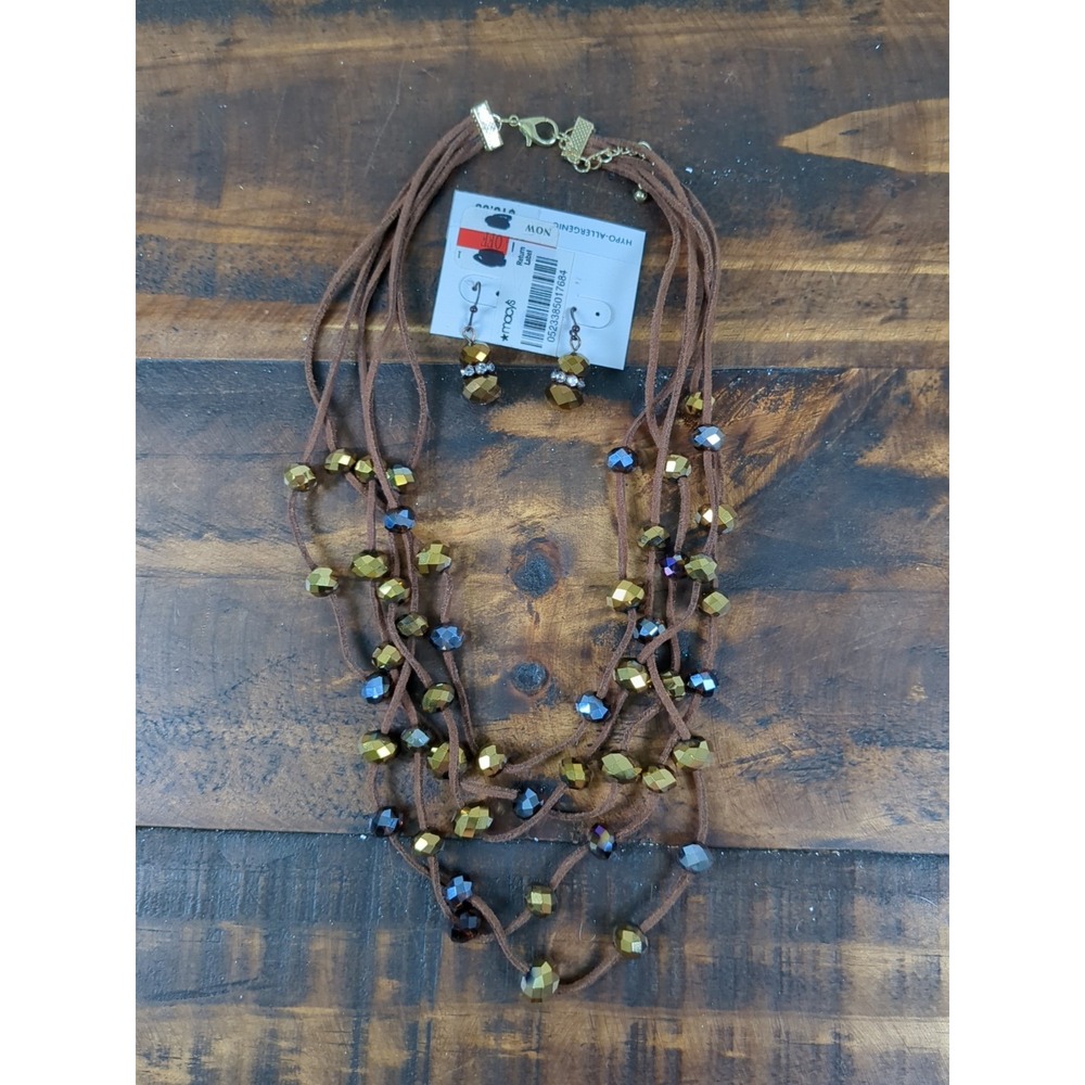 Macys Necklace & Earring Set, Leather Cord Multiple Strands, Beaded Gold & Brown